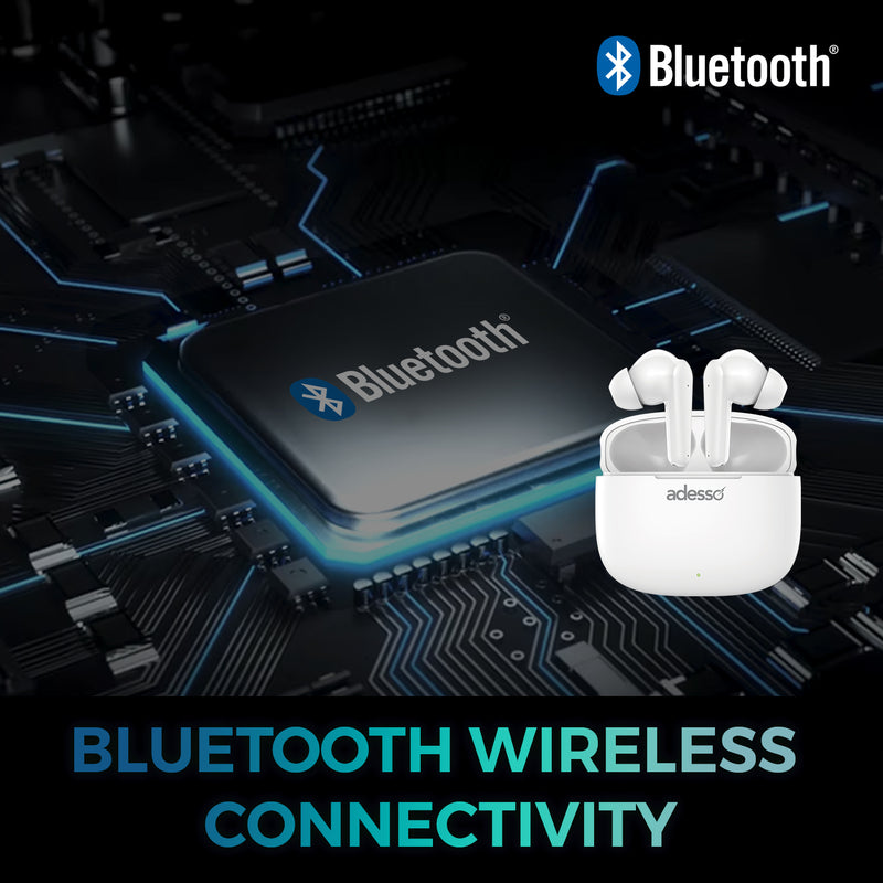 Adesso – Écouteurs Bluetooth 5.3 avec doubles microphones, commandes tactiles, isolation acoustique, boîtier de charge, compatible multiplateforme - Blanc