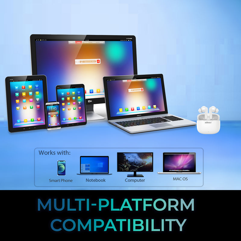 Adesso – Écouteurs Bluetooth 5.3 avec doubles microphones, commandes tactiles, isolation acoustique, boîtier de charge, compatible multiplateforme - Blanc