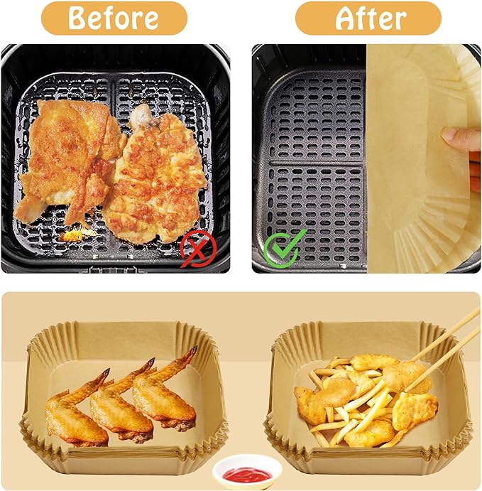 Square Air Fryer Parchment Liners, 20 × 20 cm, 50 Count