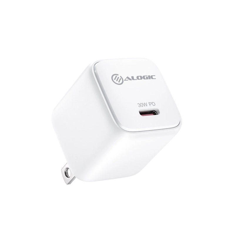 ALOGIC 30W Rapid Power Mini GaN USB-C wall charger in White with folding US plug