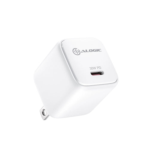 ALOGIC 30W Rapid Power Mini GaN USB-C wall charger in White with folding US plug