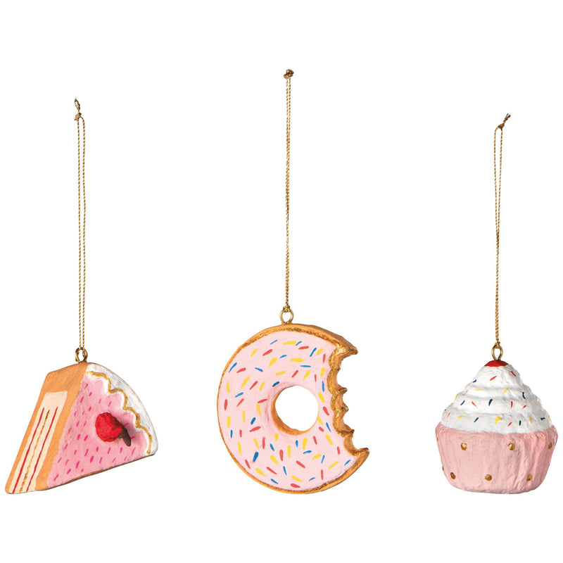 Danica Jubilee Sweet Tooth cotton maché ornaments, cake, doughnut and cupcake shown as possible random styles