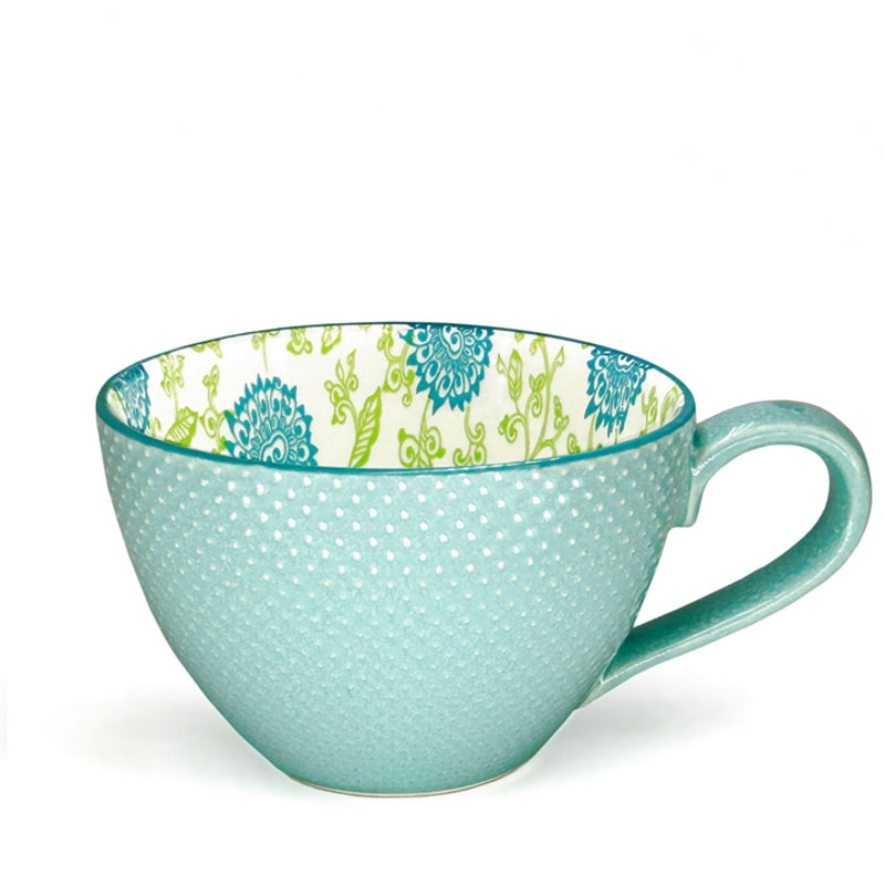 Danesco textured stoneware cup, turquoise Floral pattern, front and interior view