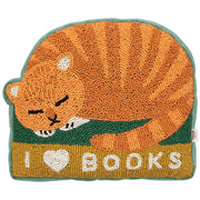 Danica Jubilee Book Club beaded throw pillow, orange cat on books, front view
