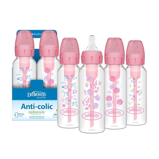 Dr Brown's - 8oz/250mL Narrow Anti - colic Options+ Baby Bottle, Pink Floral, 4 - Pack Mother & Baby