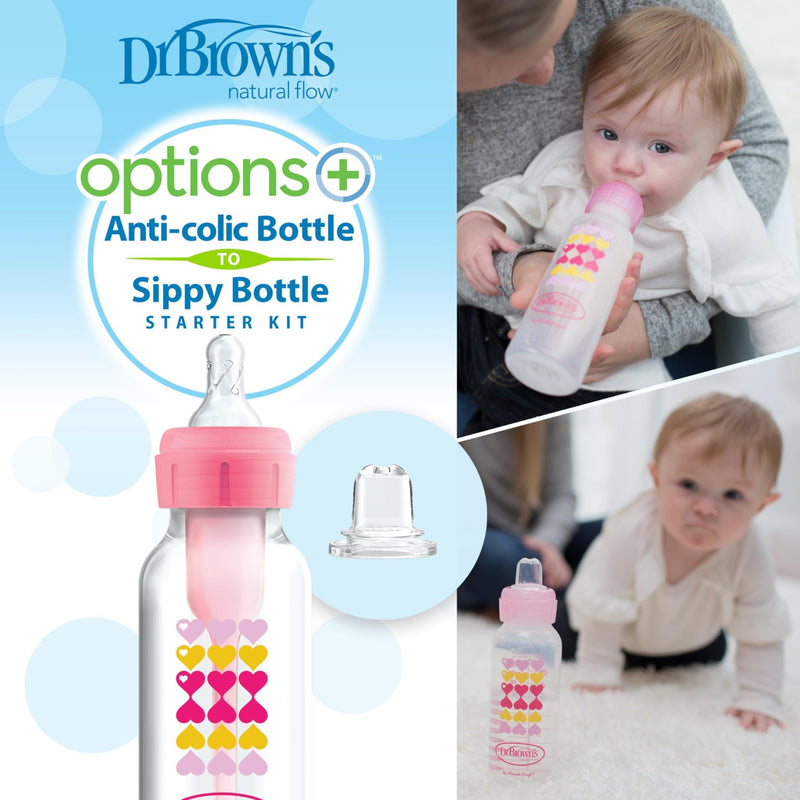 Dr Brown's - 8oz/250mL Narrow Anti - colic Options+ Baby Bottle to Sippy Starter Kit, Pink Hearts, 1 - Pack Mother & Baby