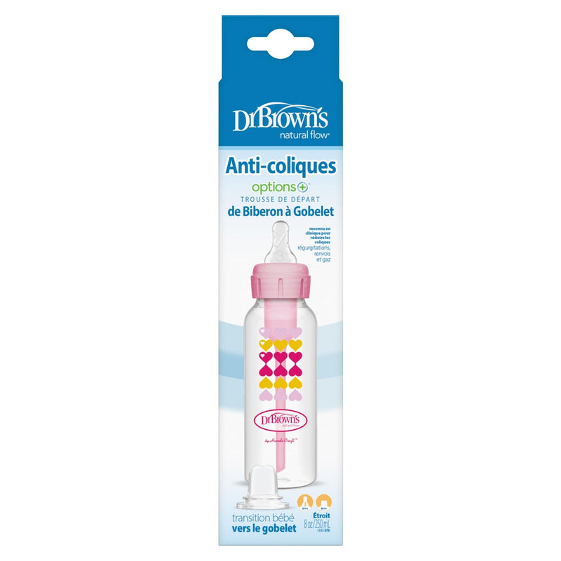 Dr Brown's - 8oz/250mL Narrow Anti - colic Options+ Baby Bottle to Sippy Starter Kit, Pink Hearts, 1 - Pack Mother & Baby