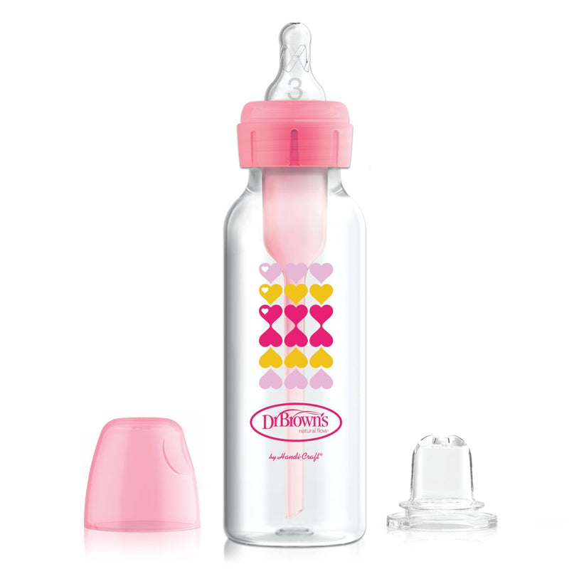 Dr Brown's - 8oz/250mL Narrow Anti - colic Options+ Baby Bottle to Sippy Starter Kit, Pink Hearts, 1 - Pack Mother & Baby