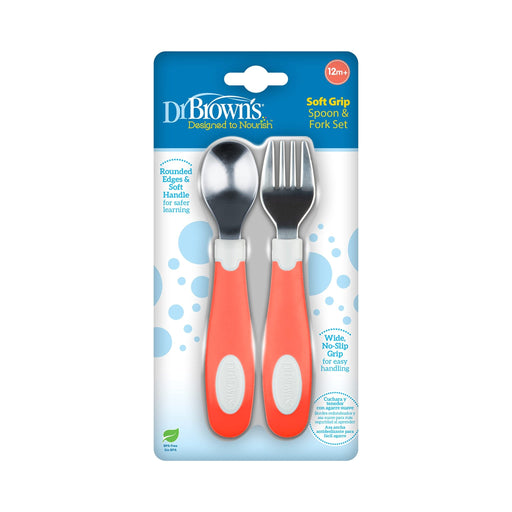 Dr Brown's - Soft Grip Spoon & Fork Set, Coral Mother & Baby