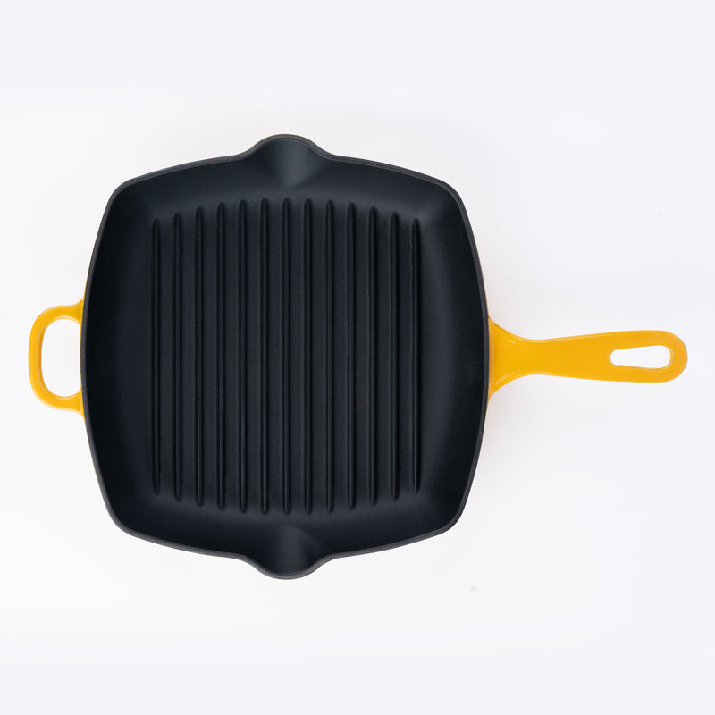 Chuck Hughes square cast iron grill pan, Goldfinch Yellow, top view
