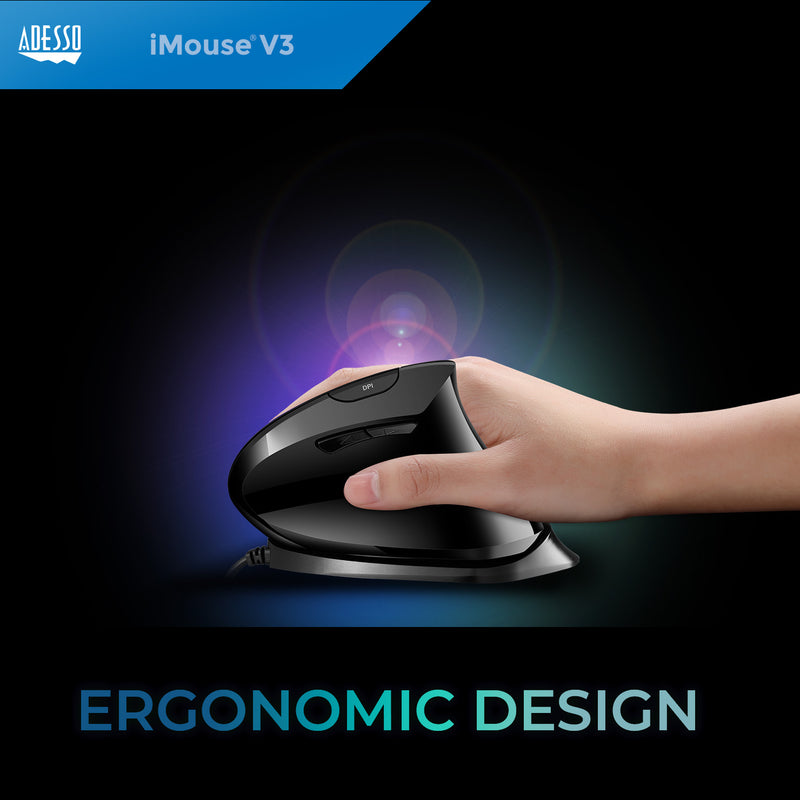 Adesso – Mouse Wired Vertical Ergonomic Adjustable DPI USB - Black (TAA Compliant)