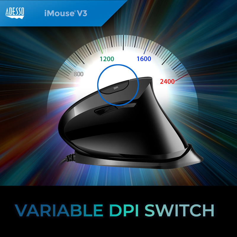 Adesso – Mouse Wired Vertical Ergonomic Adjustable DPI USB - Black (TAA Compliant)