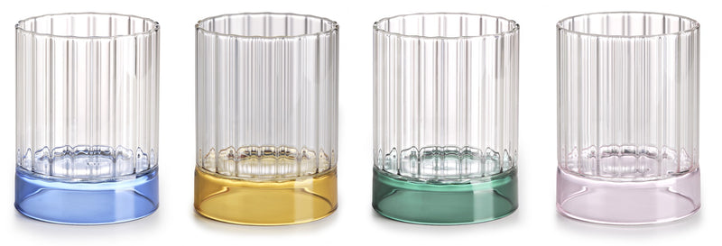 IVV - Quattronote - Set 4 borosilicate glass pleated tumblers, assorted colors: blue, amber, green, pink