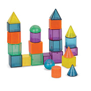 Translucent geometric shapes arranged into GeoShape Challenge towers
