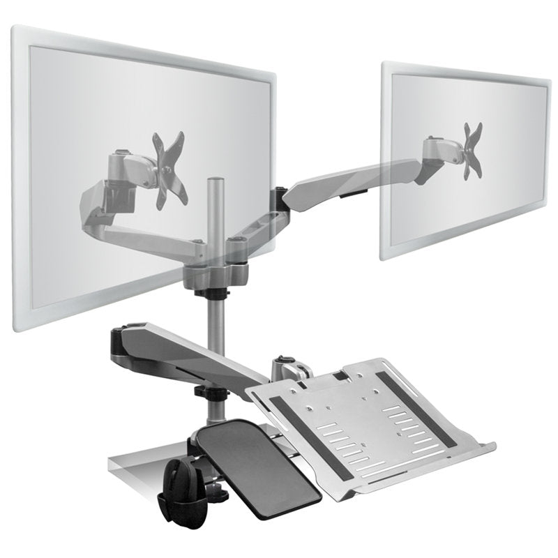 Mount-It! MI-75926 Dual Monitor Mount with Vented Laptop & Mouse Tray – Silver – product view