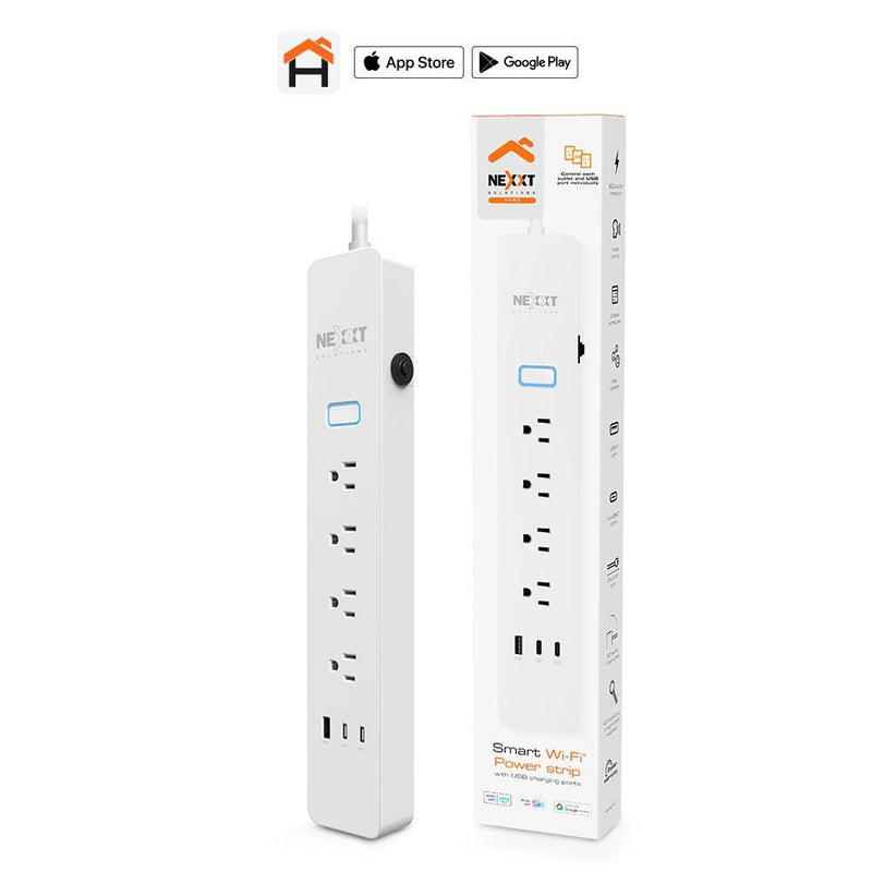 Nexxt – NHP-E710 Smart Surge Protector – 4 Outlets & 3 USB Ports | White – retail package or application view