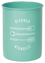 Now Designs metal utensil crock, turquoise with white kitchen utensils motif, front view