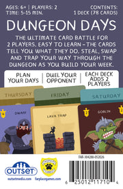 Dungeon Days card game back of box with game contents and instructions