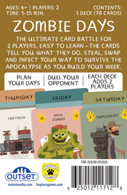 Zombie Days card game back of box with game contents and instructions