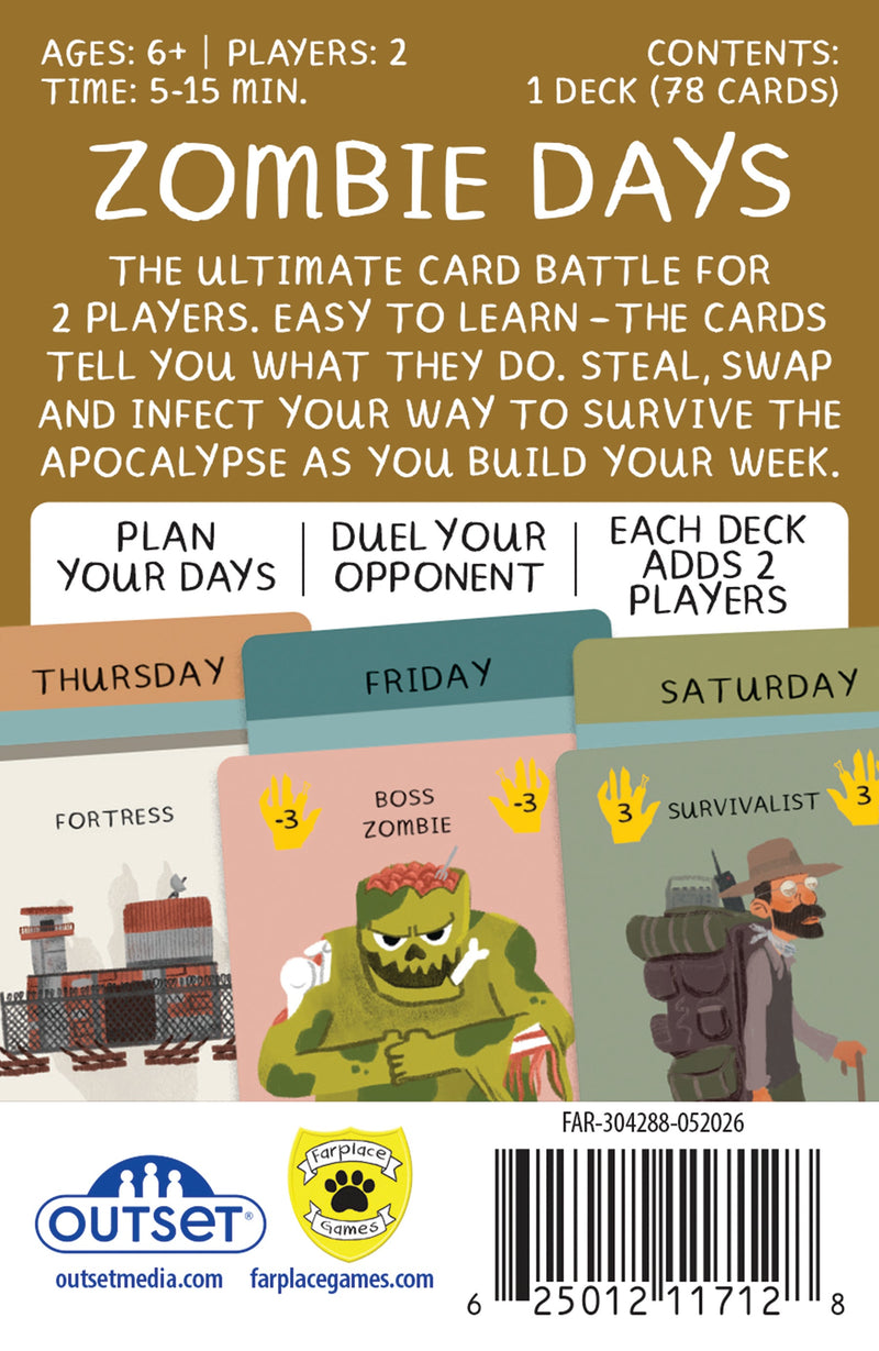 Zombie Days card game back of box with game contents and instructions