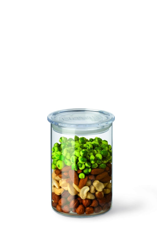 Simax Cylinder Storage Jar with Clear Lid, 27.1 fl oz / 0.8 L, front with illustrative contents