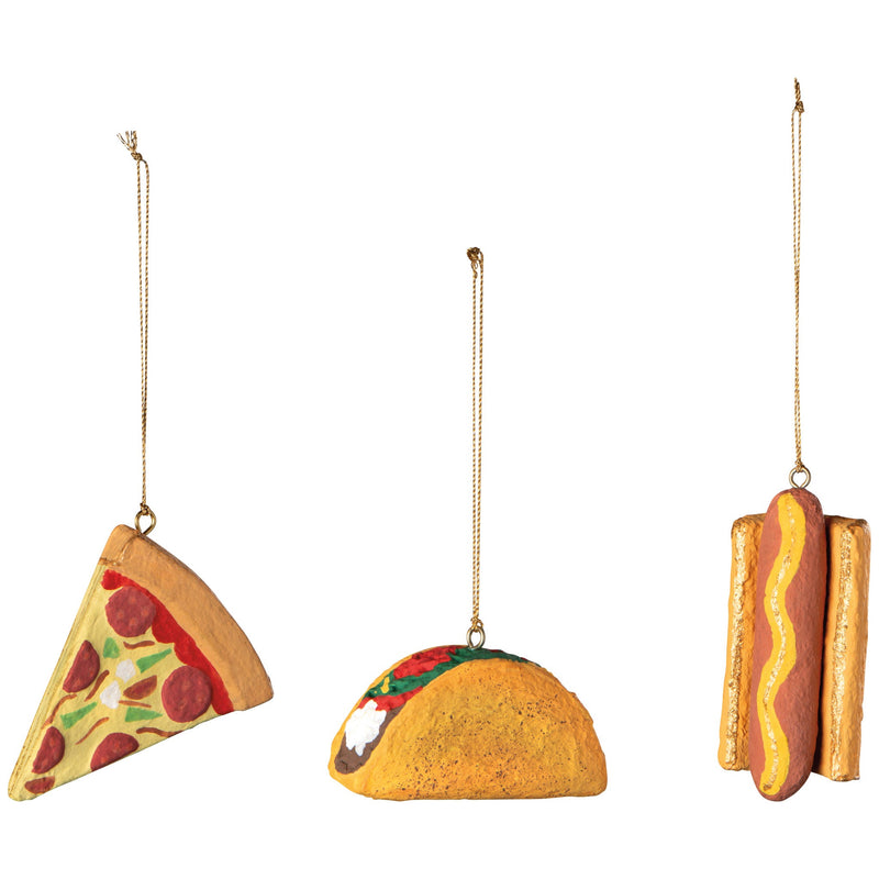 Danica Jubilee Fast Food cotton maché ornaments, pizza, taco and hot dog shown as possible random styles