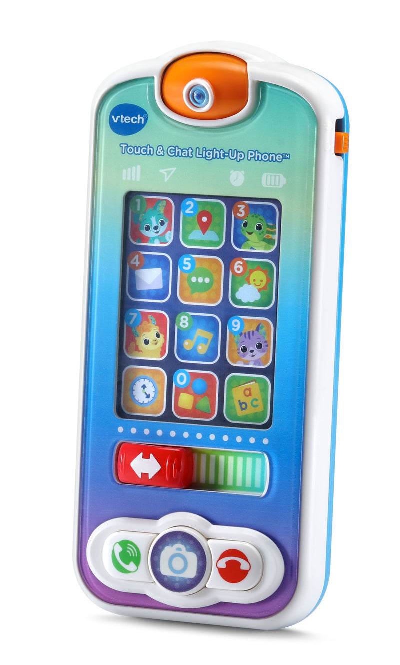 VTech Touch and Chat Light-Up Phone, blue and purple, Learning mode front view