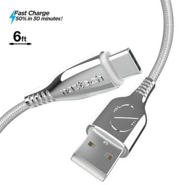 Naztech – Titanium USB-A to USB-C Braided Cable – White | 6 ft / 1.83 m – front USB-A and USB-C connector view