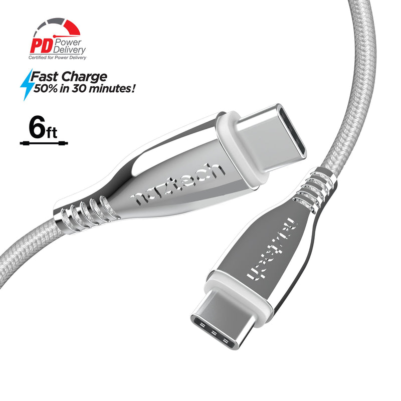 Naztech – Titanium 60W USB-C to USB-C Braided Cable – White | 6 ft / 1.83 m – front cable and connectors
